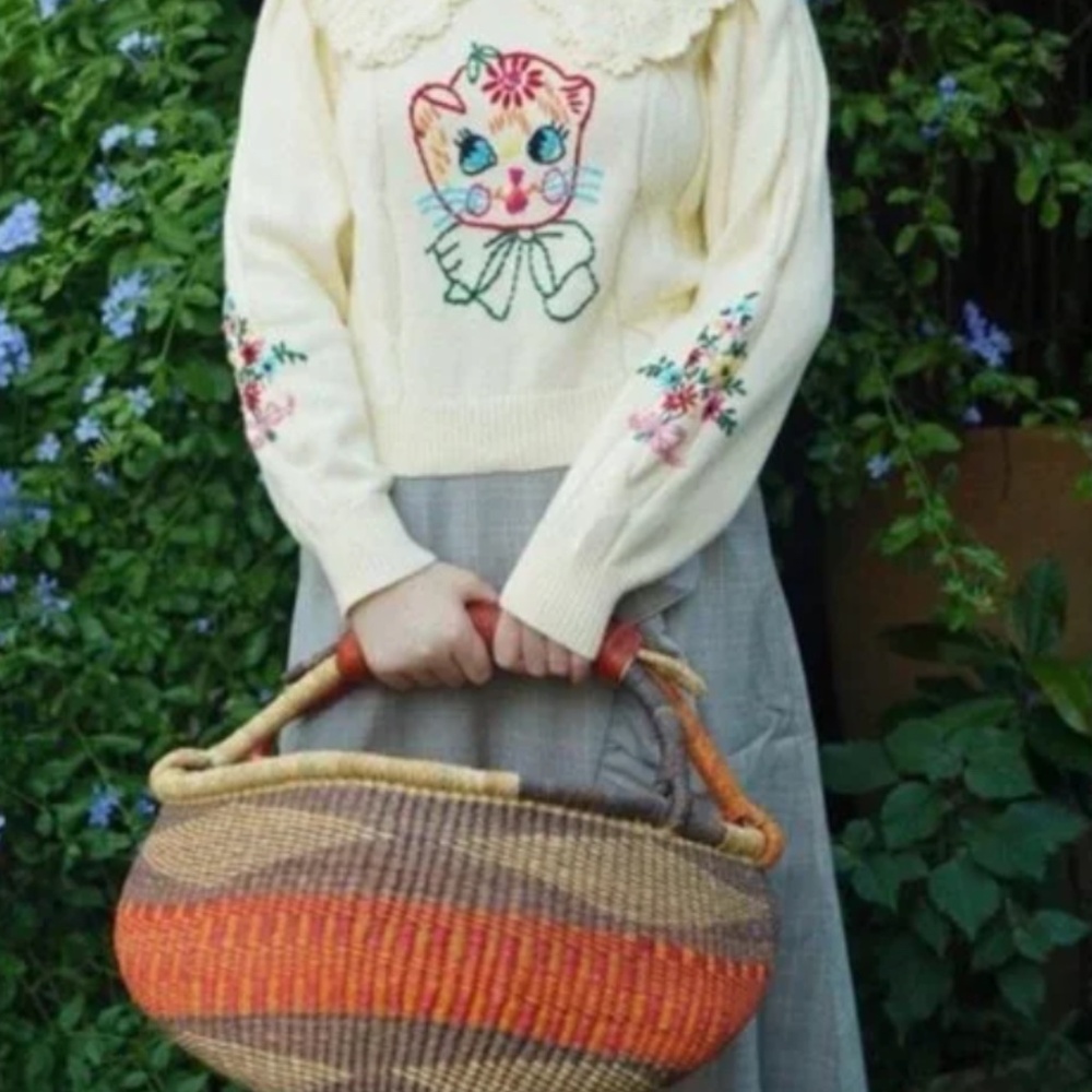 Unlogical Poem Peter Pan Knit Embroidered Cat Sweater